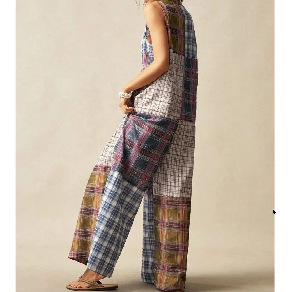 Plus Plaid Print Half Button Sleeveless Wide leg Jumper Jumpsuit - Picture 5 of 6